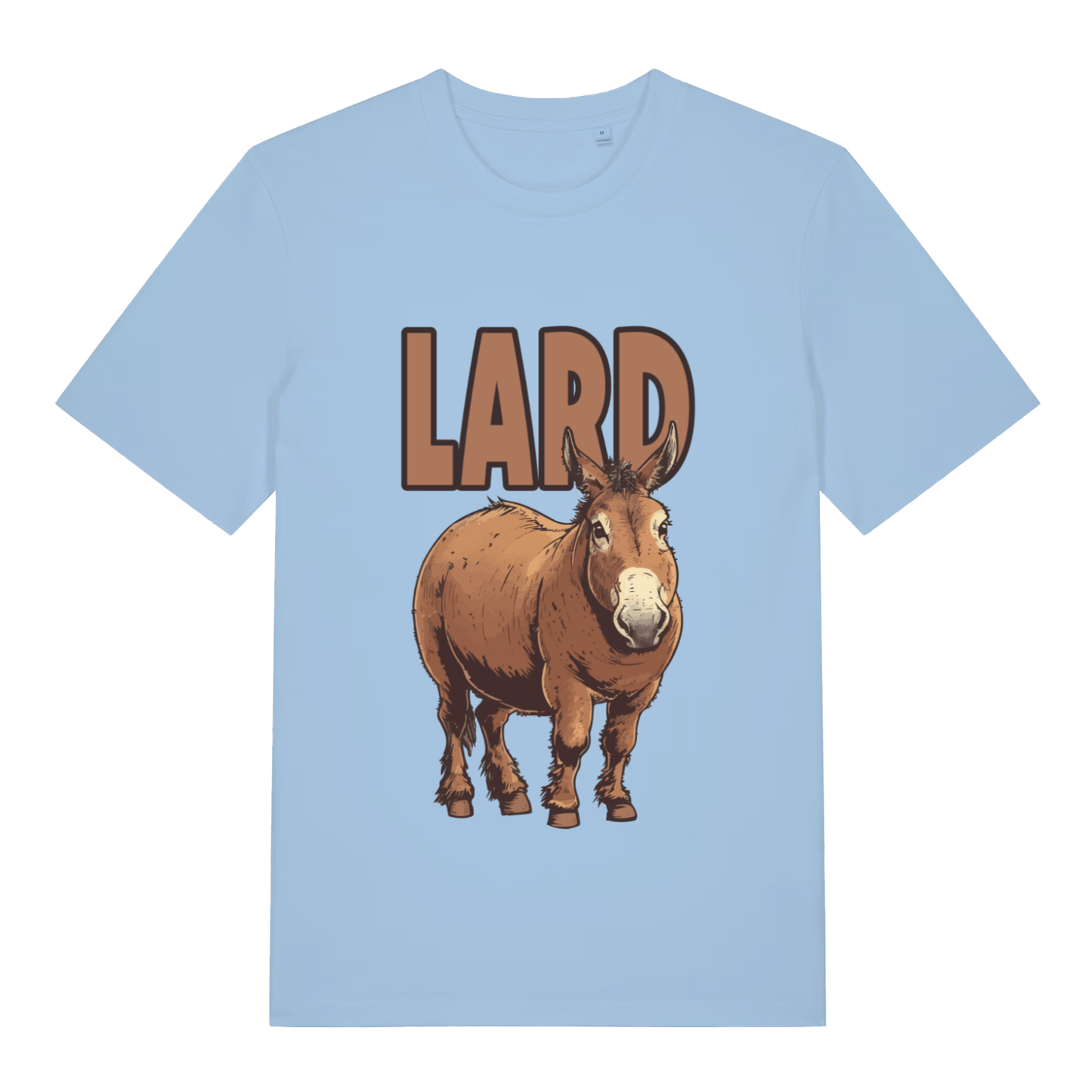 Sky blue women's Lard Ass funny graphic t-shirt displaying chubby donkey and “LARD” text pun  