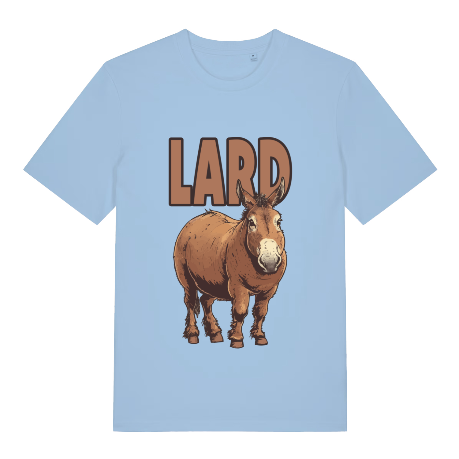 Sky blue women's Lard Ass funny graphic t-shirt displaying chubby donkey and “LARD” text pun  