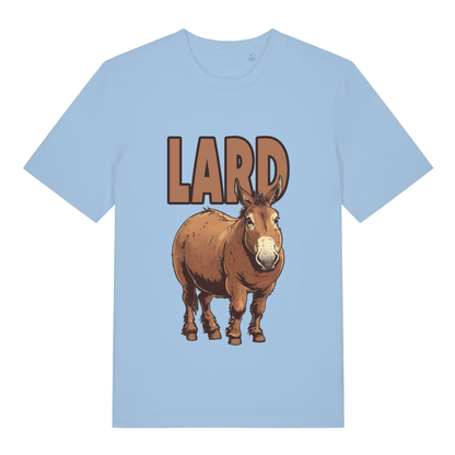 Sky blue women's Lard Ass funny graphic t-shirt displaying chubby donkey and “LARD” text pun  