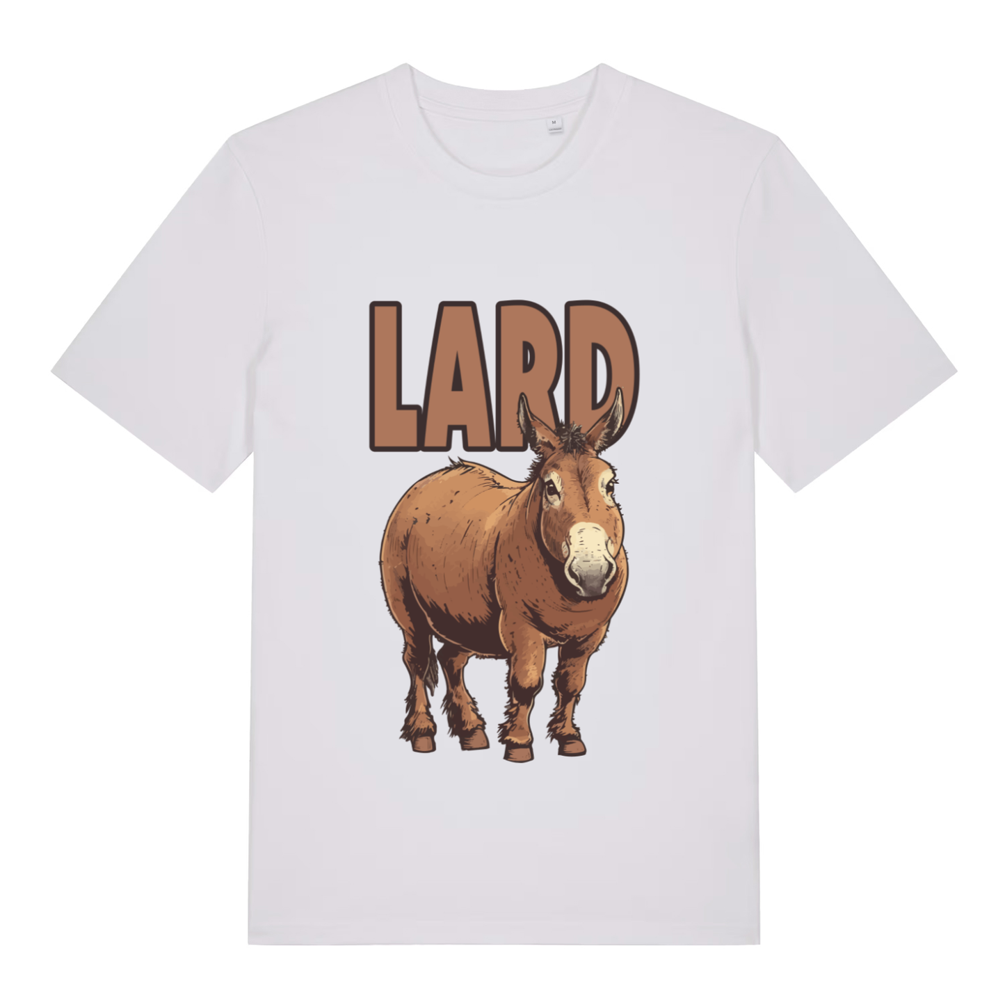 White women's Lard Ass funny graphic t-shirt with round donkey and sharp “LARD” lettering  
