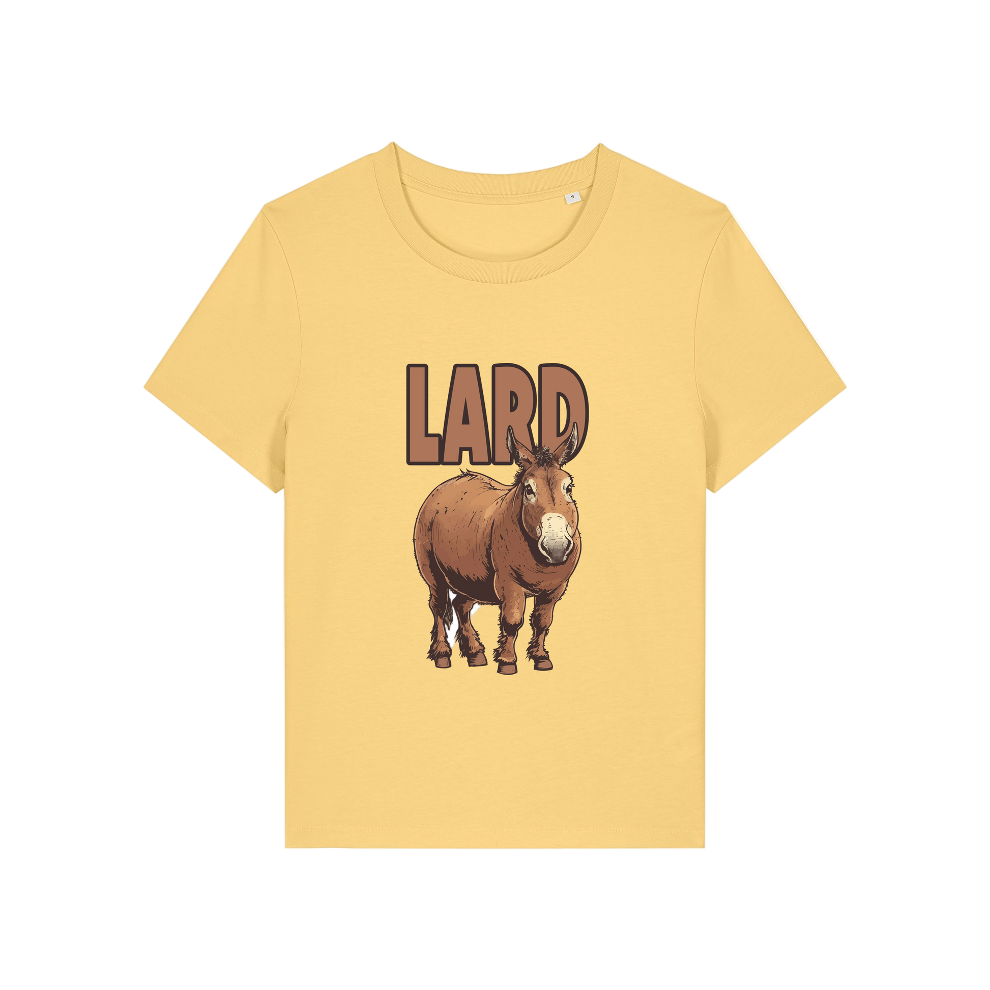 yellow funny offensive t-shirt with  cartoon donkey and the slogan 'lard ass'
