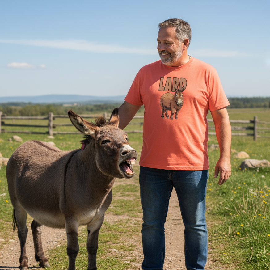 A man in a bright coral shirt with a donkey print smiles while petting a laughing donkey. They stand on a sunny rural path with a wooden fence and fields.