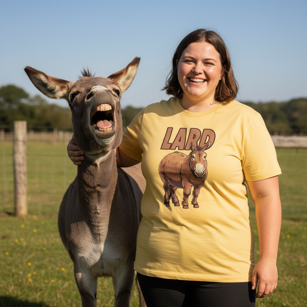 Woman in a yellow 'LARD' t-shirt standing next to a donkey in a field