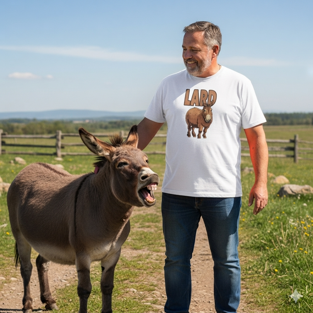 Man standing next to a donkey in an open field with a clear sky