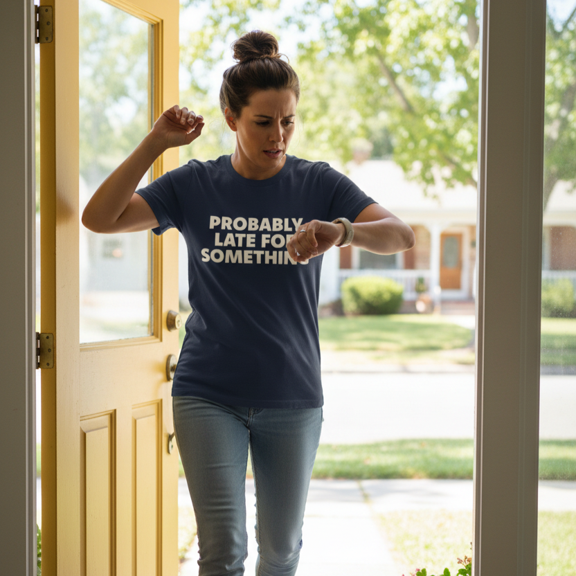 Woman wearing a navy blue t-shirt with text, standing in a doorway.