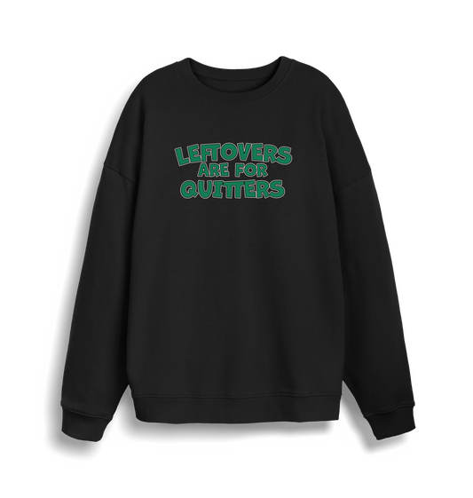 back christmas sweater with the slogan 'leftovers are for quitters'