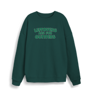 green christmas sweater with the slogan 'leftovers are for quitters'