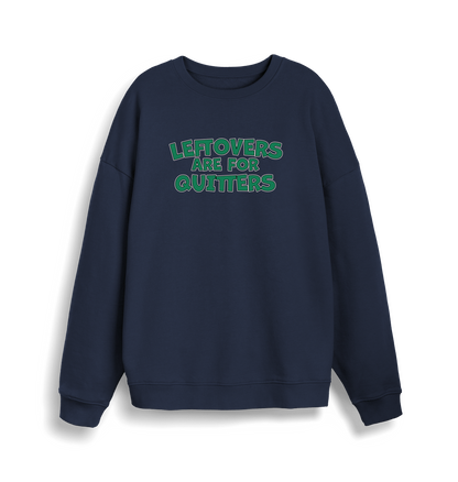 navy christmas sweater with the slogan 'leftovers are for quitters'