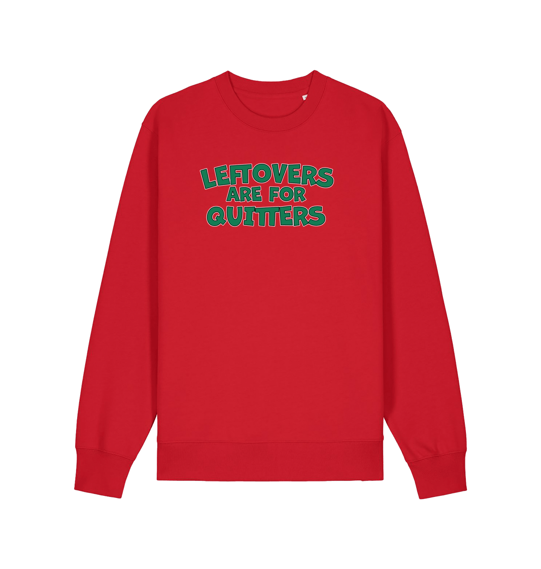 red christmas sweater with the slogan 'leftovers are for quitters'