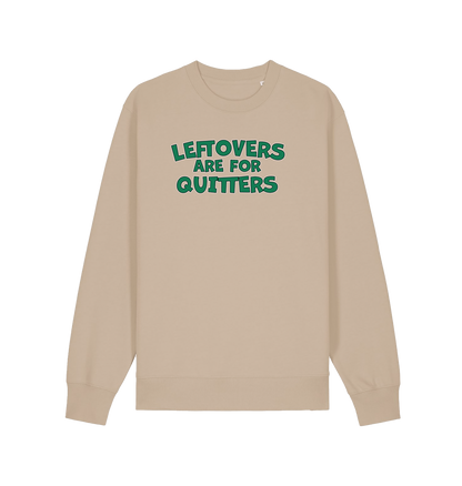 sand christmas sweater with the slogan 'leftovers are for quitters'