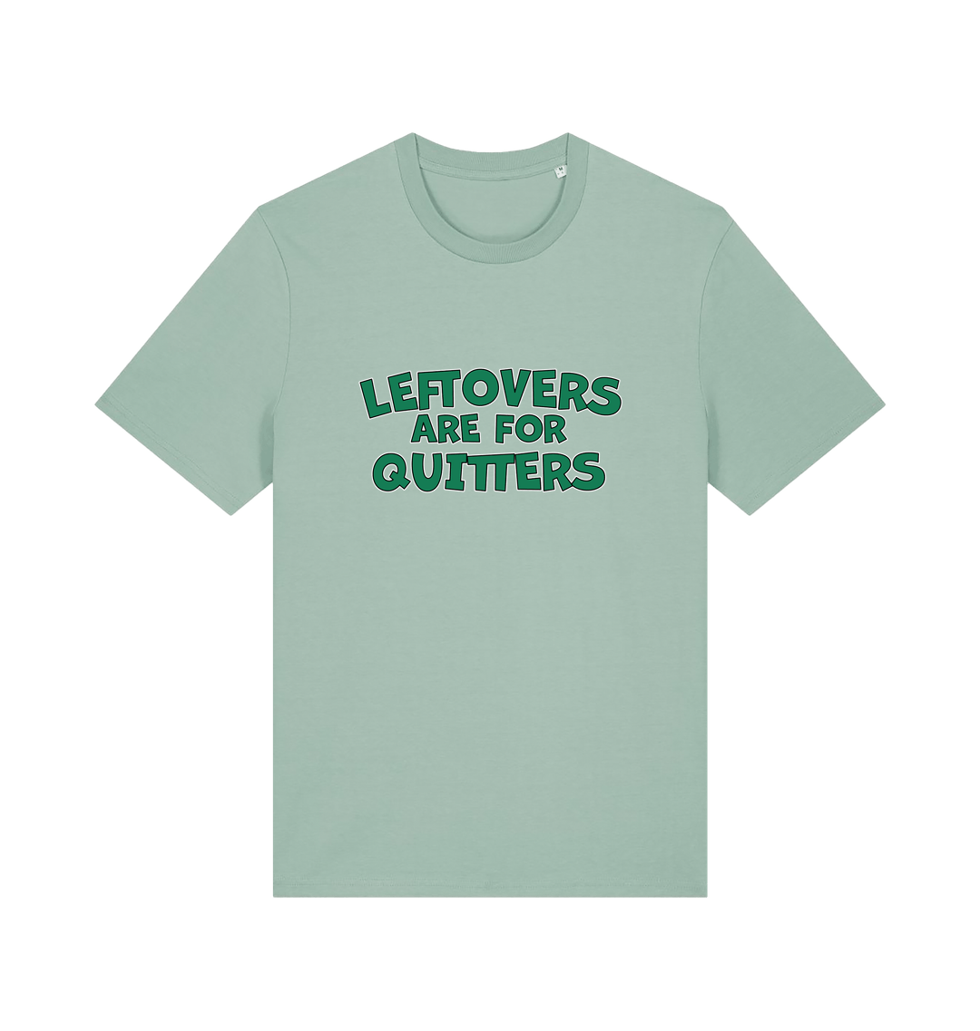 mint green xmas t-shirt with the slogan 'leftovers are for quitters'