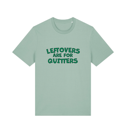 mint green xmas t-shirt with the slogan 'leftovers are for quitters'