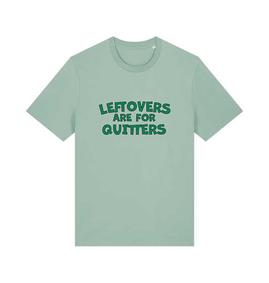 mint green xmas t-shirt with the slogan 'leftovers are for quitters'