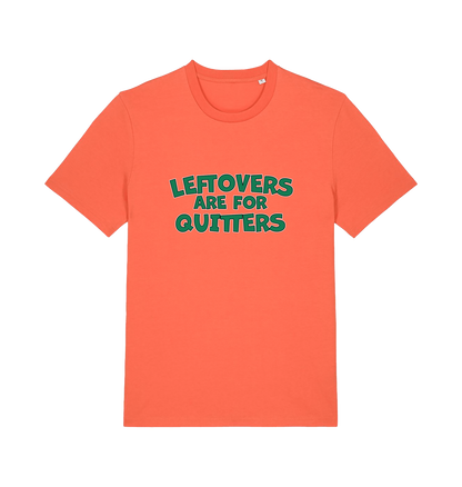 orange xmas t-shirt with the slogan 'leftovers are for quitters'