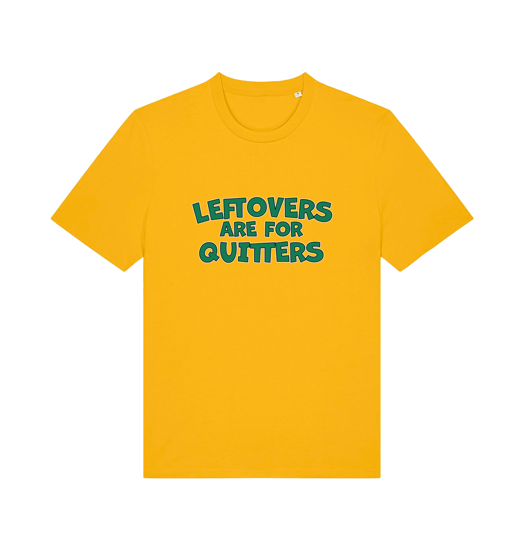 yellow xmas t-shirt with the slogan 'leftovers are for quitters'