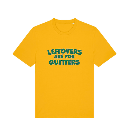 yellow xmas t-shirt with the slogan 'leftovers are for quitters'