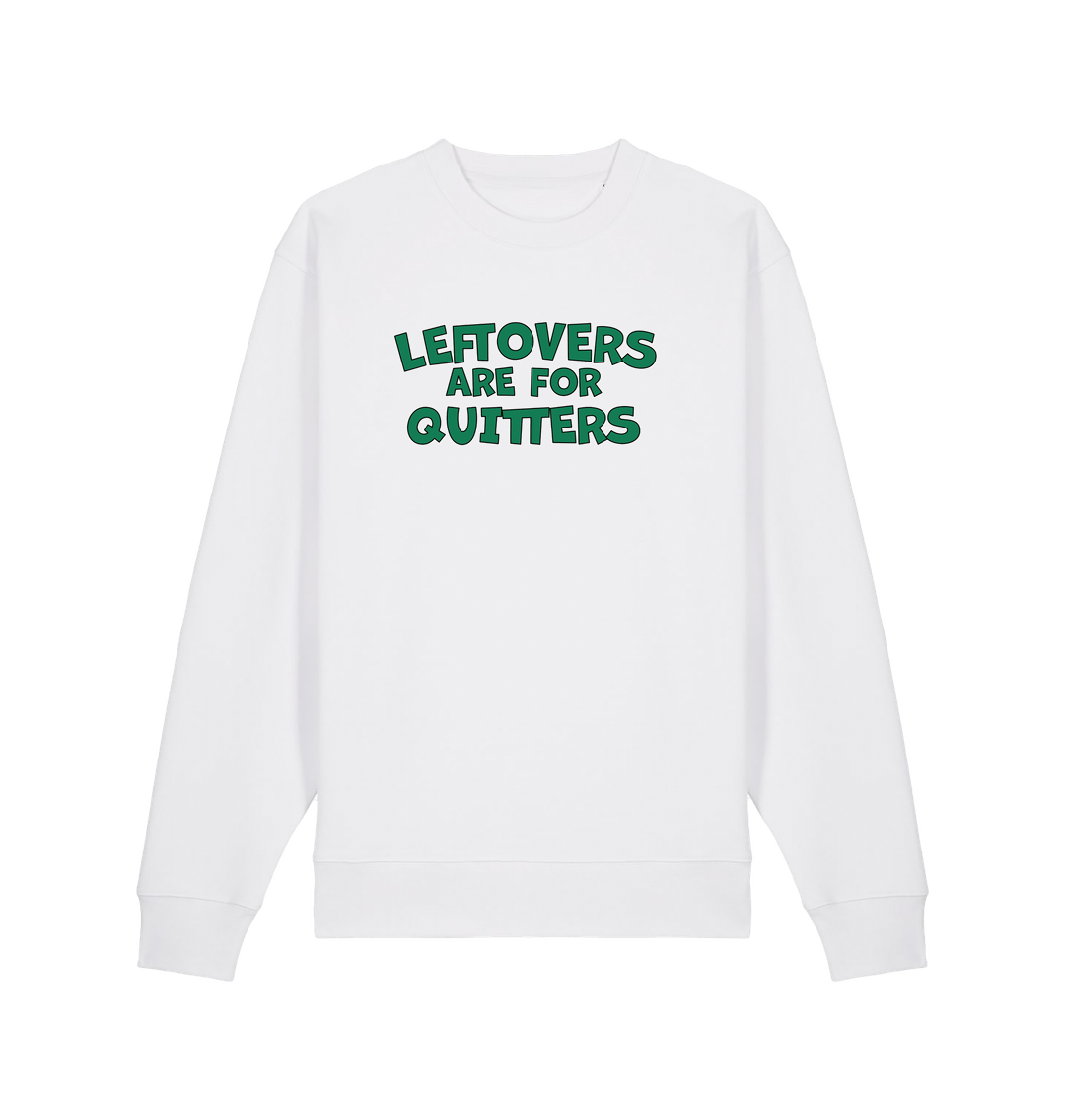 white christmas sweater with the slogan 'leftovers are for quitters'