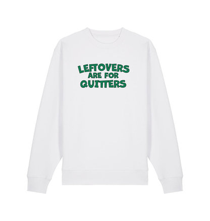 white christmas sweater with the slogan 'leftovers are for quitters'