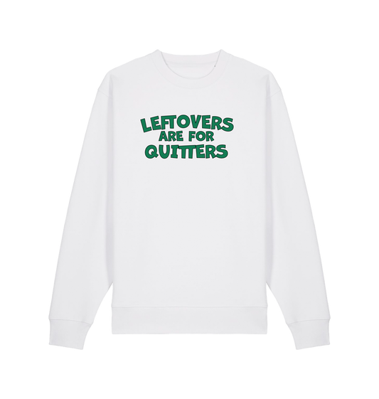 white christmas sweater with the slogan 'leftovers are for quitters'