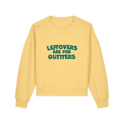 yellow xmas sweater with the slogan 'leftovers are for quitters'