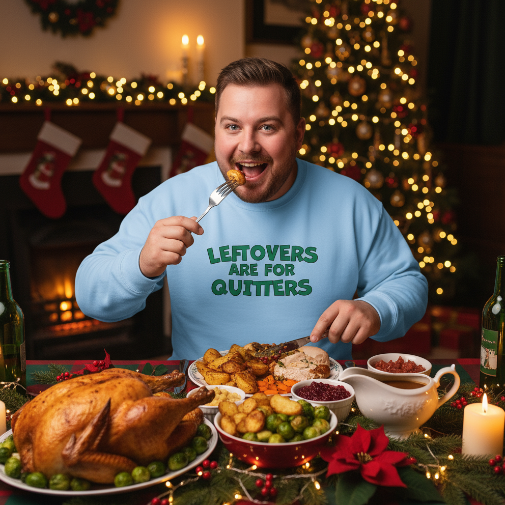 Man in a blue sweatshirt with 'LEFTOVERS ARE FOR QUITTERS' text, eating at a Christmas feast with a decorated tree and stockings in the background.