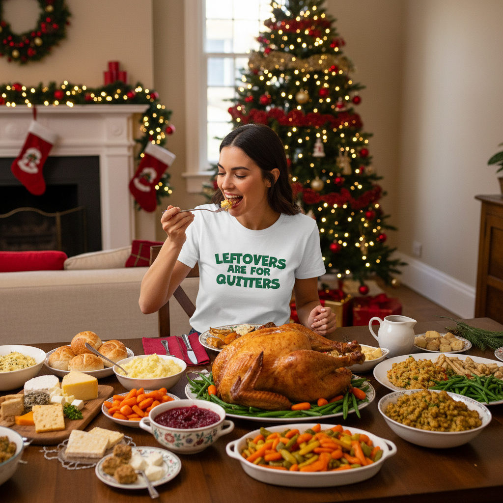 Woman enjoying a festive meal with a Christmas tree and decorations in the background