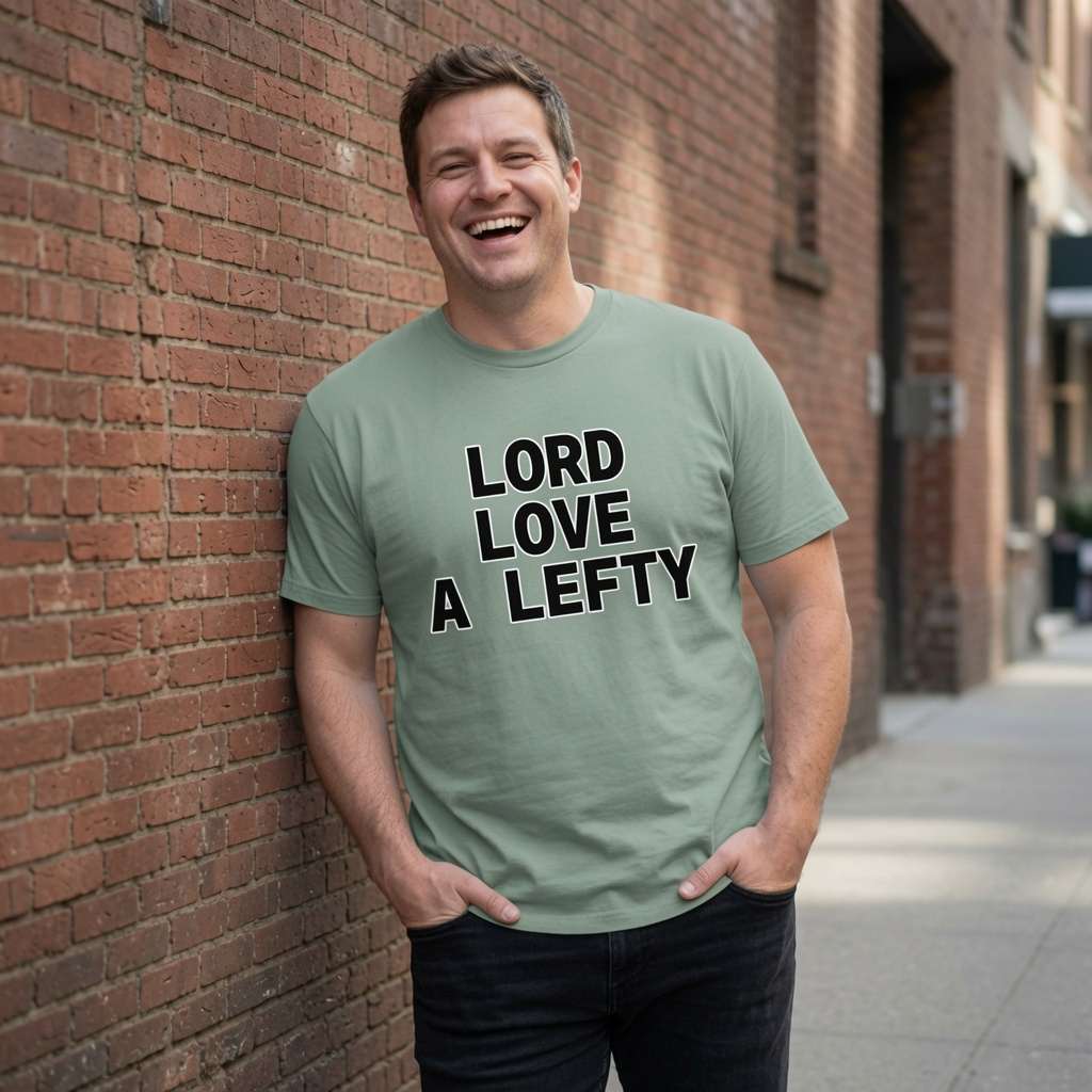 Man laughing leaning against brick wall in aloe Lord Love a Lefty tee, slogan