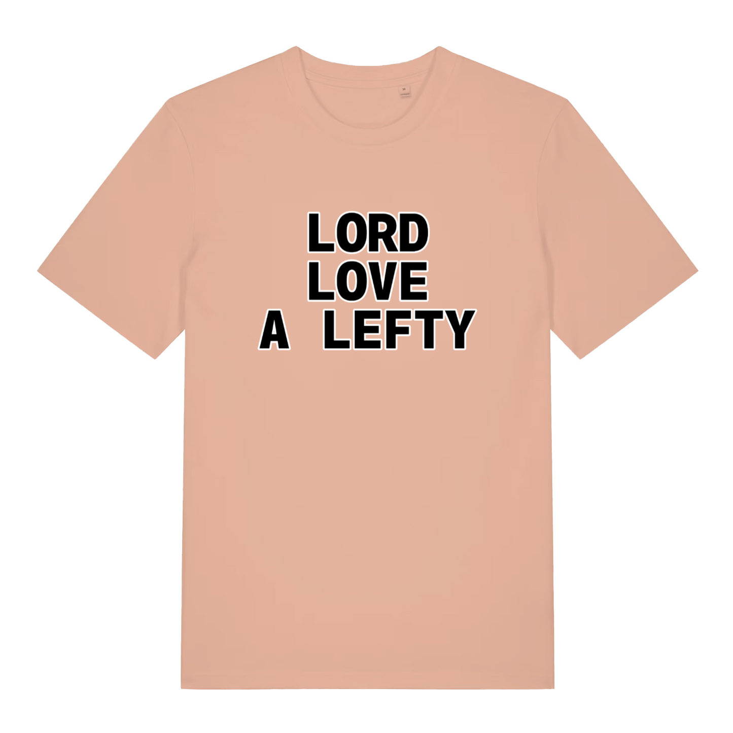 Peach Lord Love A Lefty funny slogan t-shirt showing black “LORD LOVE A LEFTY” slogan  