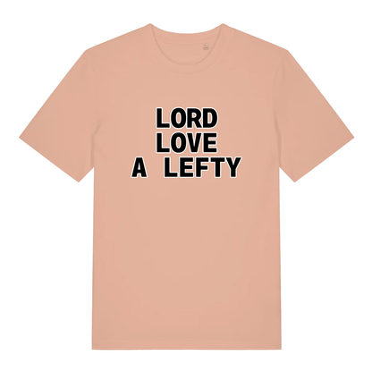 Peach Lord Love A Lefty funny slogan t-shirt showing black “LORD LOVE A LEFTY” slogan  