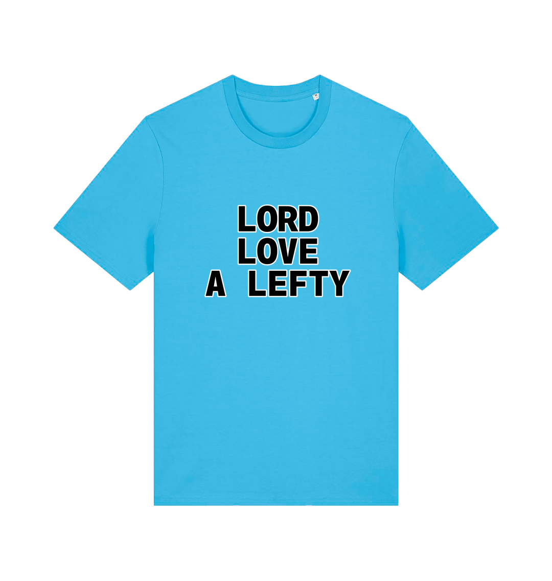 Blue slogan t-shirt with 'LORD LOVE A LEFTY' 