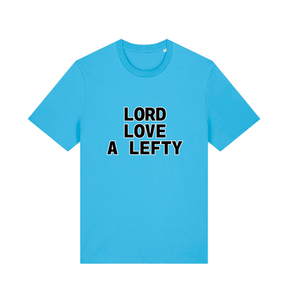 Blue slogan t-shirt with 'LORD LOVE A LEFTY' 