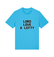 Blue slogan t-shirt with 'LORD LOVE A LEFTY' 