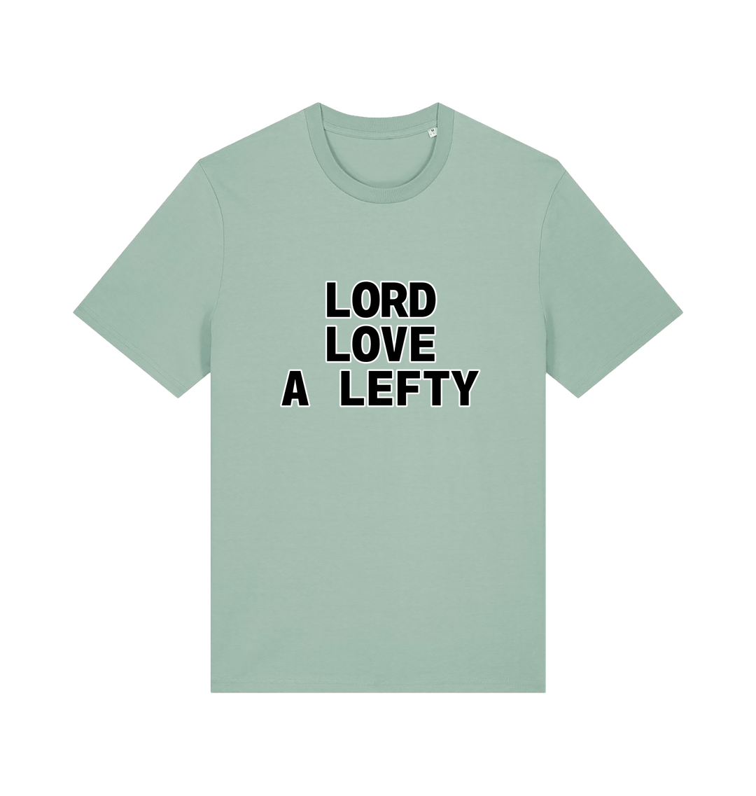 mint green slogan t-shirt with 'LORD LOVE A LEFTY' 