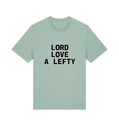 mint green slogan t-shirt with 'LORD LOVE A LEFTY' 