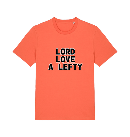 orange slogan t-shirt with 'LORD LOVE A LEFTY' 