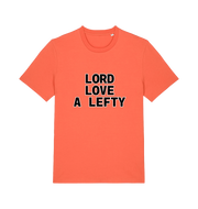orange slogan t-shirt with 'LORD LOVE A LEFTY' 