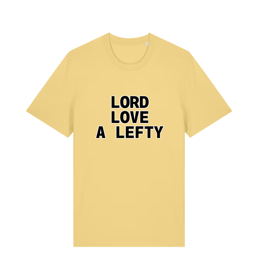 yellow slogan t-shirt with 'LORD LOVE A LEFTY' 