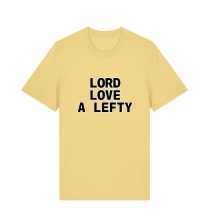 yellow slogan t-shirt with 'LORD LOVE A LEFTY' 