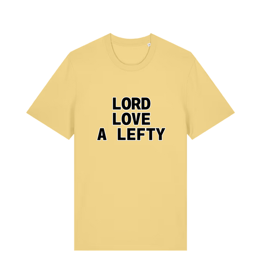 yellow slogan t-shirt with 'LORD LOVE A LEFTY' 