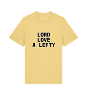 yellow slogan t-shirt with 'LORD LOVE A LEFTY' 