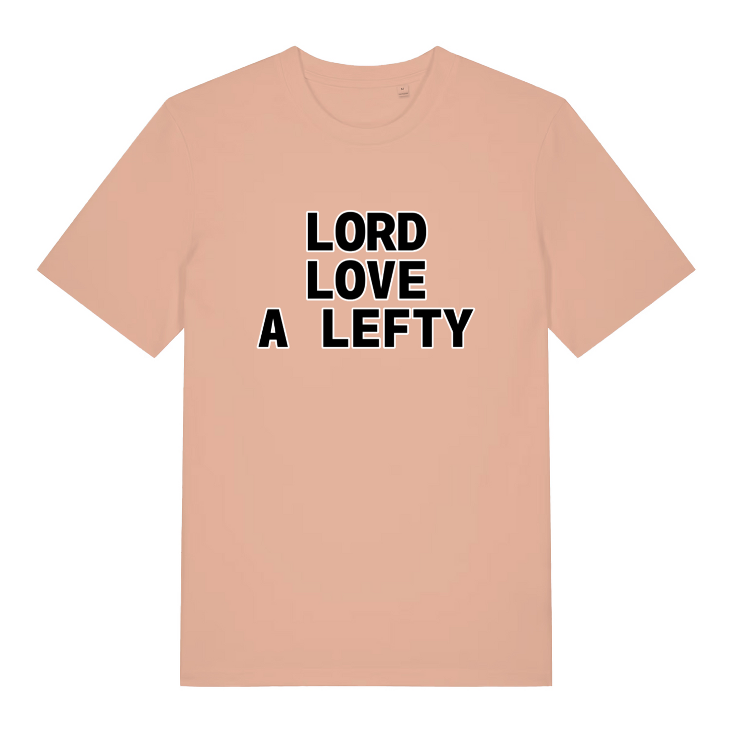 peach slogan t-shirt with the text 'lord love a lefty'
