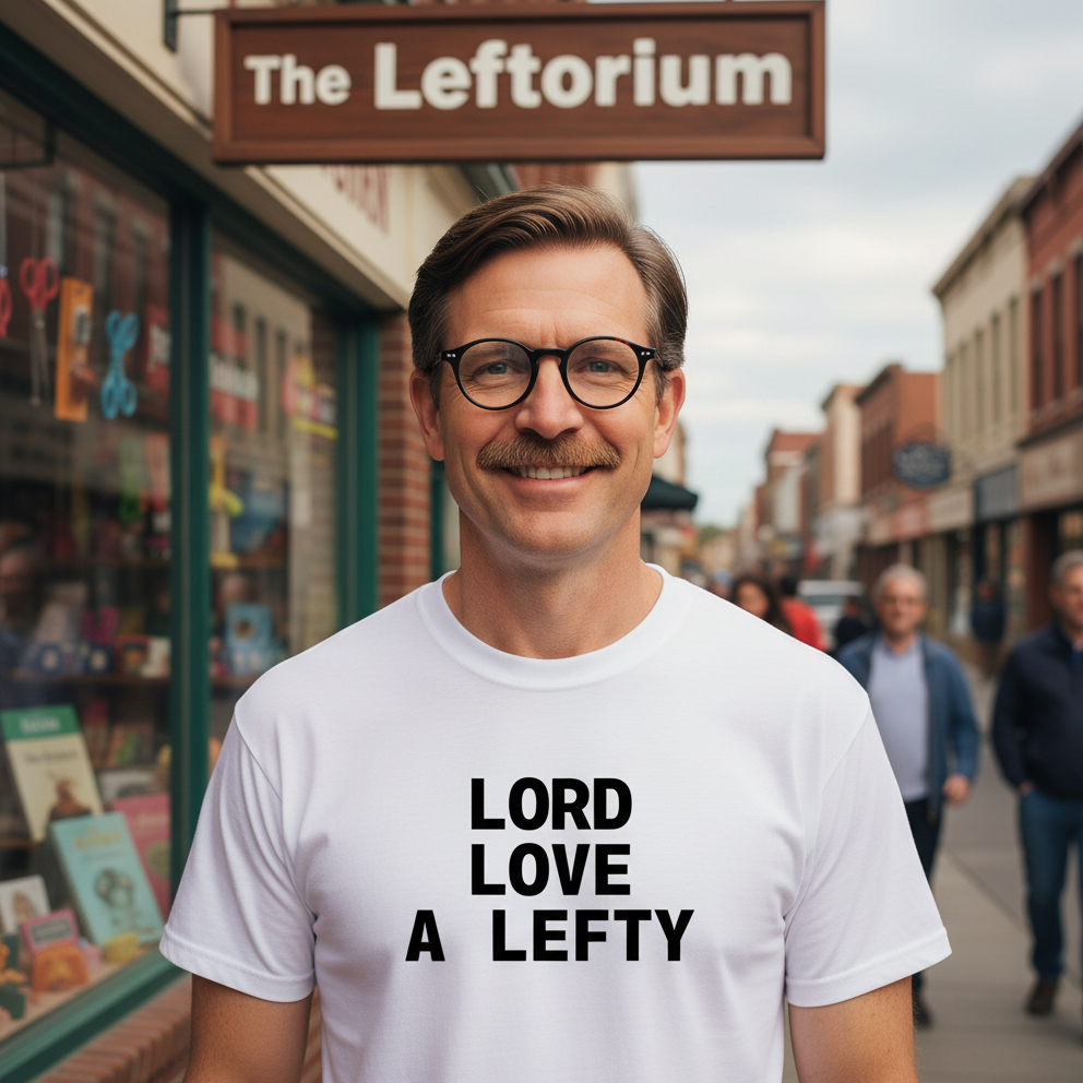 Man wearing a white t-shirt with 'LORD LOVE A LEFTY' text in front of a store named 'The Leftorium'.