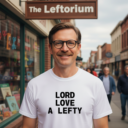 Man wearing a white t-shirt with 'LORD LOVE A LEFTY' text in front of a store named 'The Leftorium'.