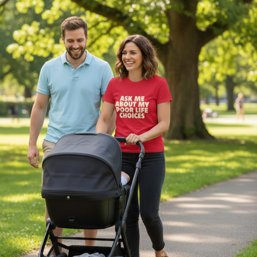 Man and woman walking with a stroller in a park