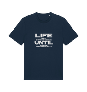 navy funny slogan t-shirt with 'life is all shits and giggles until someone giggles and shits'