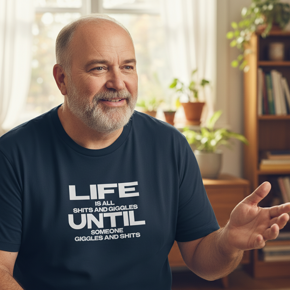 Man wearing a navy blue t-shirt with humorous text in a home setting