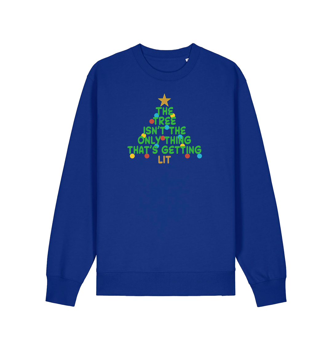 blue xmas sweater with the slogan 'the tree isn't the only thing that's getting lit'