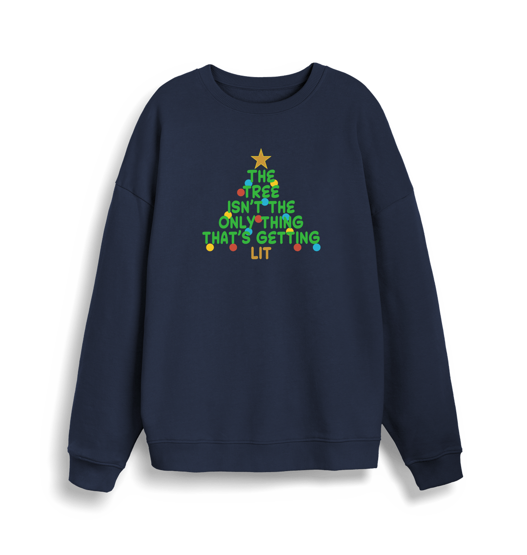 navy xmas sweater with the slogan 'the tree isn't the only thing that's getting lit'