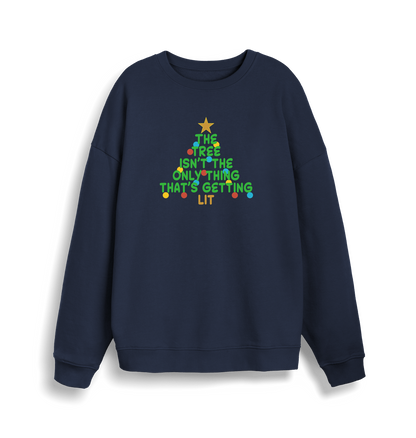 navy xmas sweater with the slogan 'the tree isn't the only thing that's getting lit'