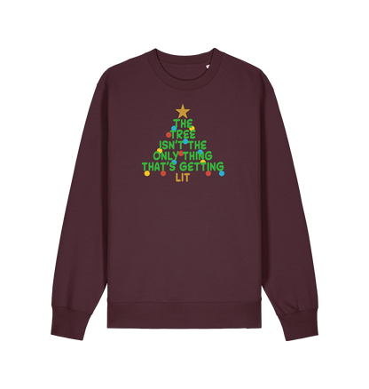 red brown xmas sweater with the slogan 'the tree isn't the only thing that's getting lit'